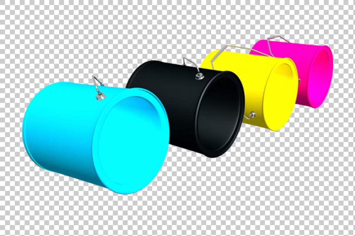 CMYK Buckets - 3D Render PNG